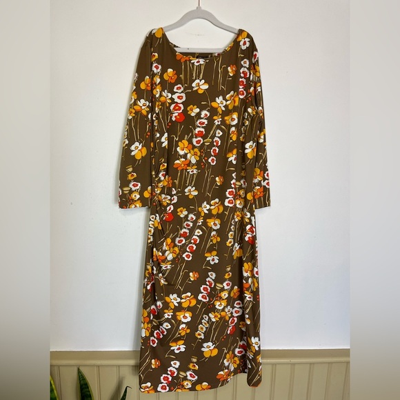 J. McLaughlin Dress Brown Red Orange Floral Slimming Ruched Catalina Womens Sz M - Picture 6 of 12